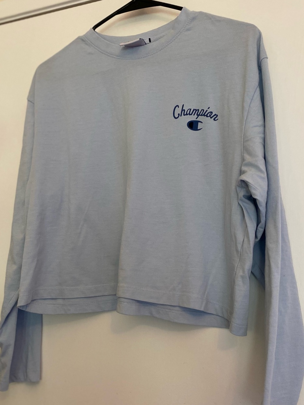 Champion Light Blue Long Sleeve Cropped Tee with Script Logo